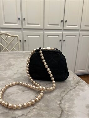Black Satin Authentic Chanel Evening Bag with faux pearl strap.